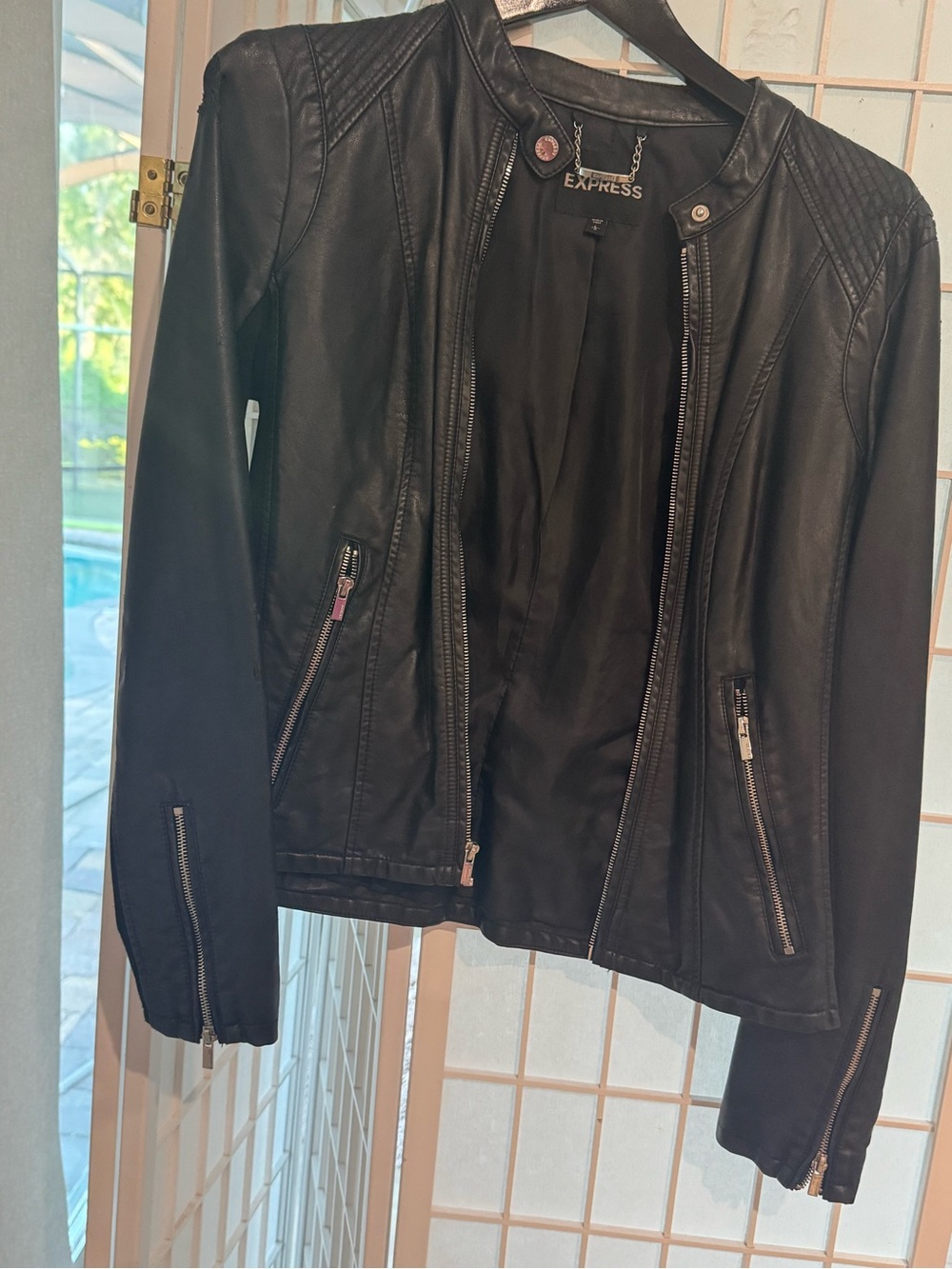 Express Black Faux Leather Moto Jacket with Quilted Shoulders